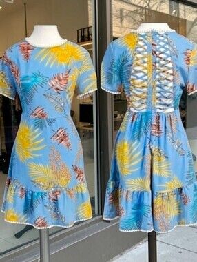 Entro Tropical Pattern Cross Spine Cut Out Ruffle Hem Juniors Size Small Dress